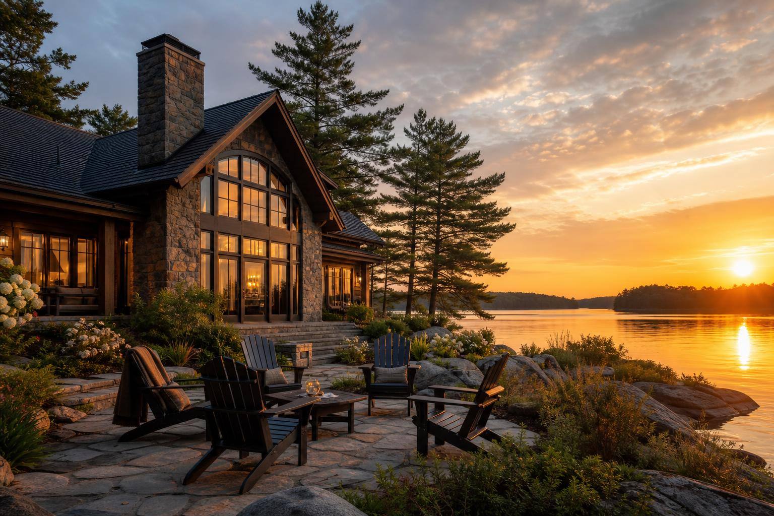 Muskoka lakefront cottage at golden hour
