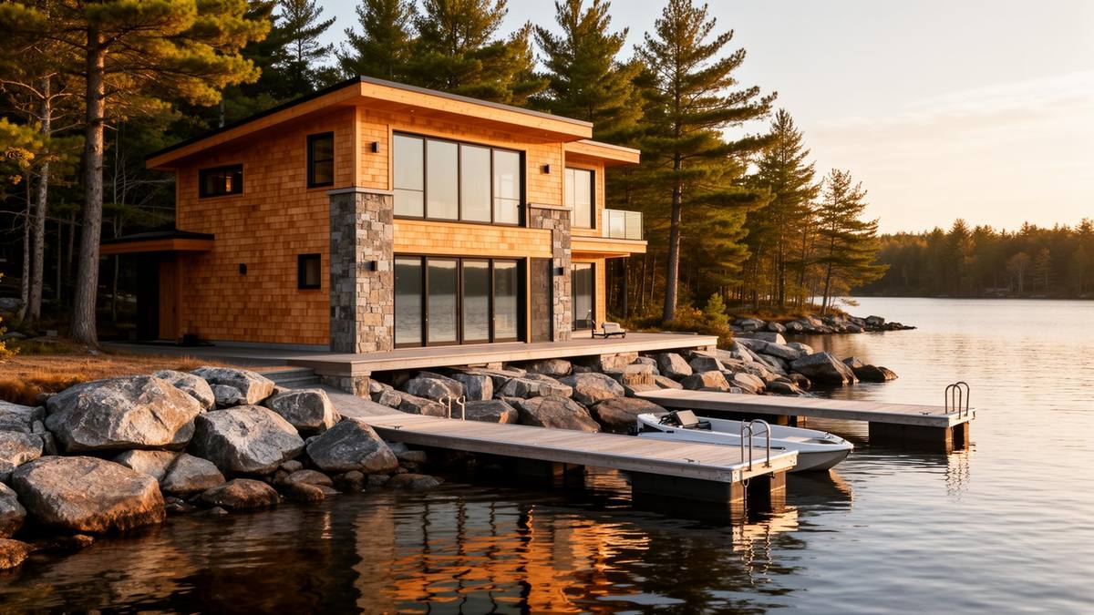 Two-storey cedar boathouse with copper roof on a Muskoka lake