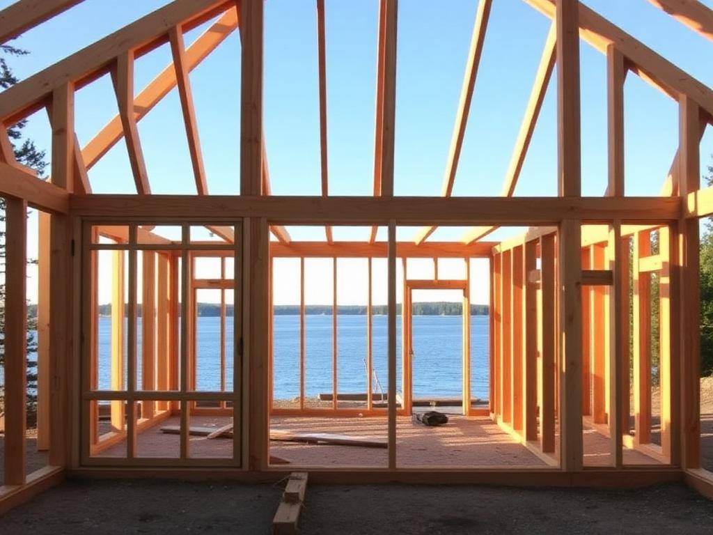 Custom Muskoka lakefront cottage build with timber and fieldstone at golden hour