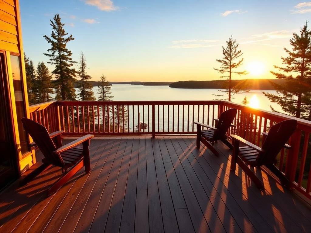 Multi-level cedar deck with glass railing on a Muskoka lakefront