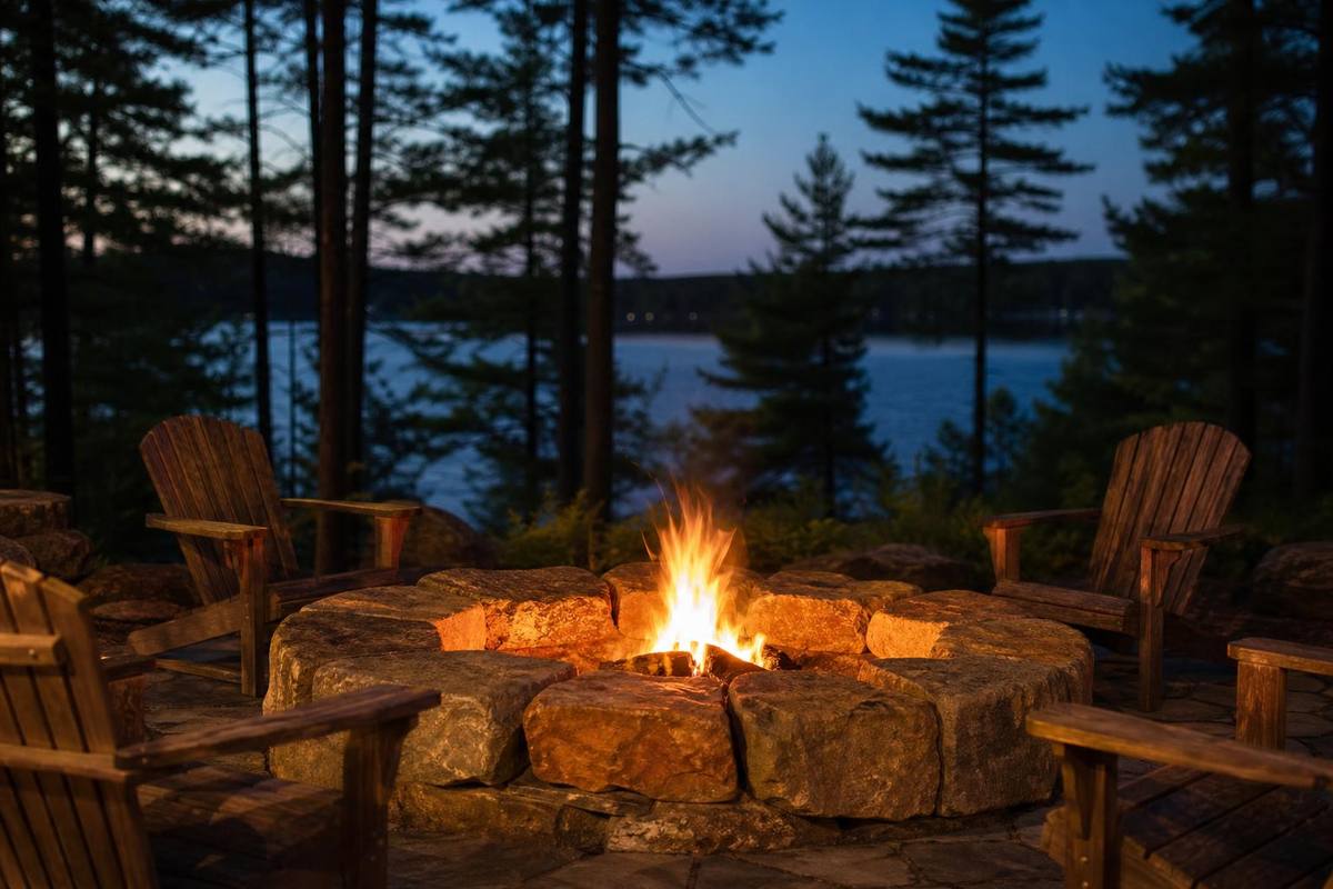 Floor-to-ceiling fieldstone fireplace in a Muskoka cottage great room
