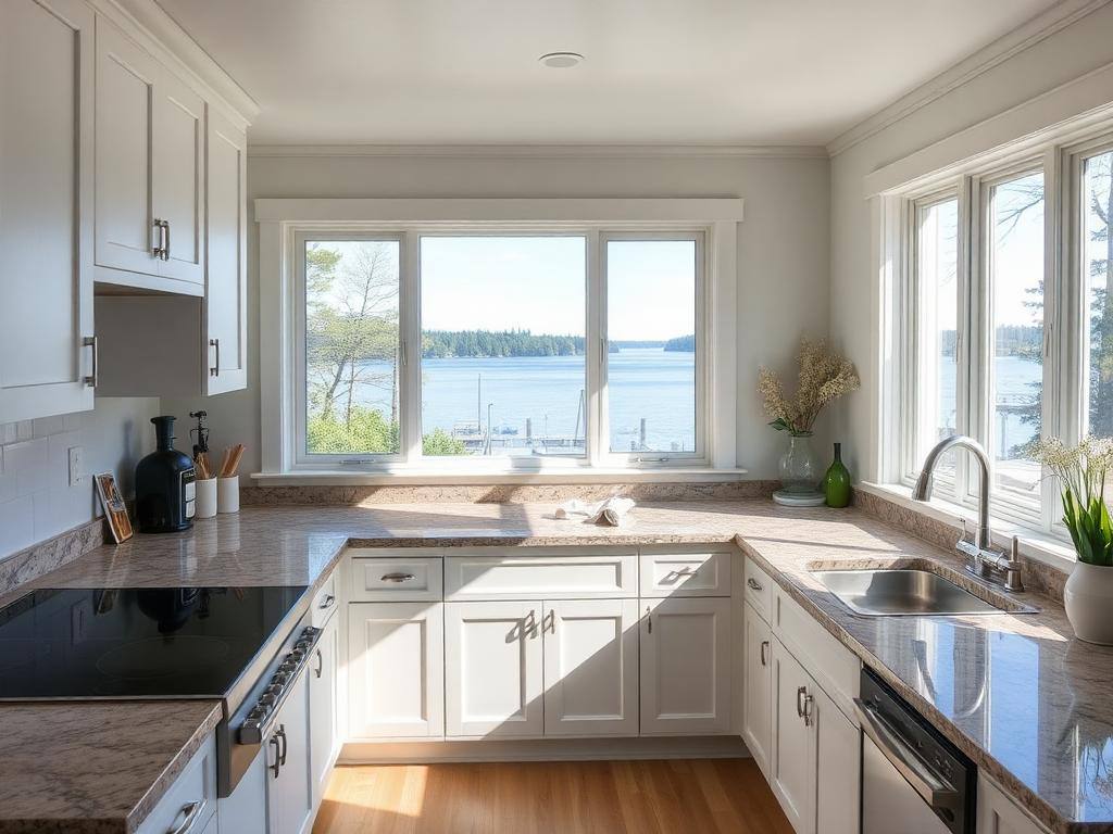 Custom Muskoka cottage kitchen with quartz island and lake view
