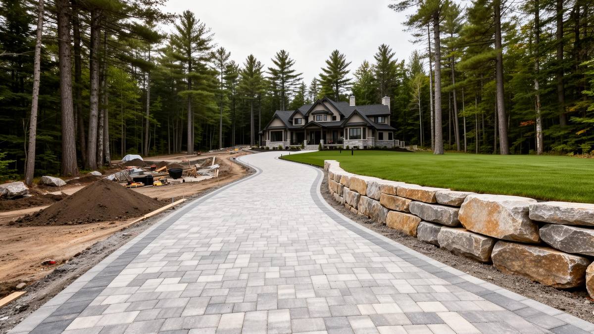 Natural stone interlock driveway winding through pines at a Muskoka cottage entrance