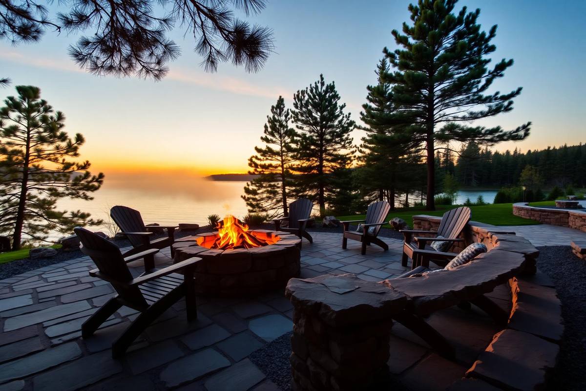 Natural flagstone patio with stone fire pit and Muskoka chairs overlooking a lake at sunset