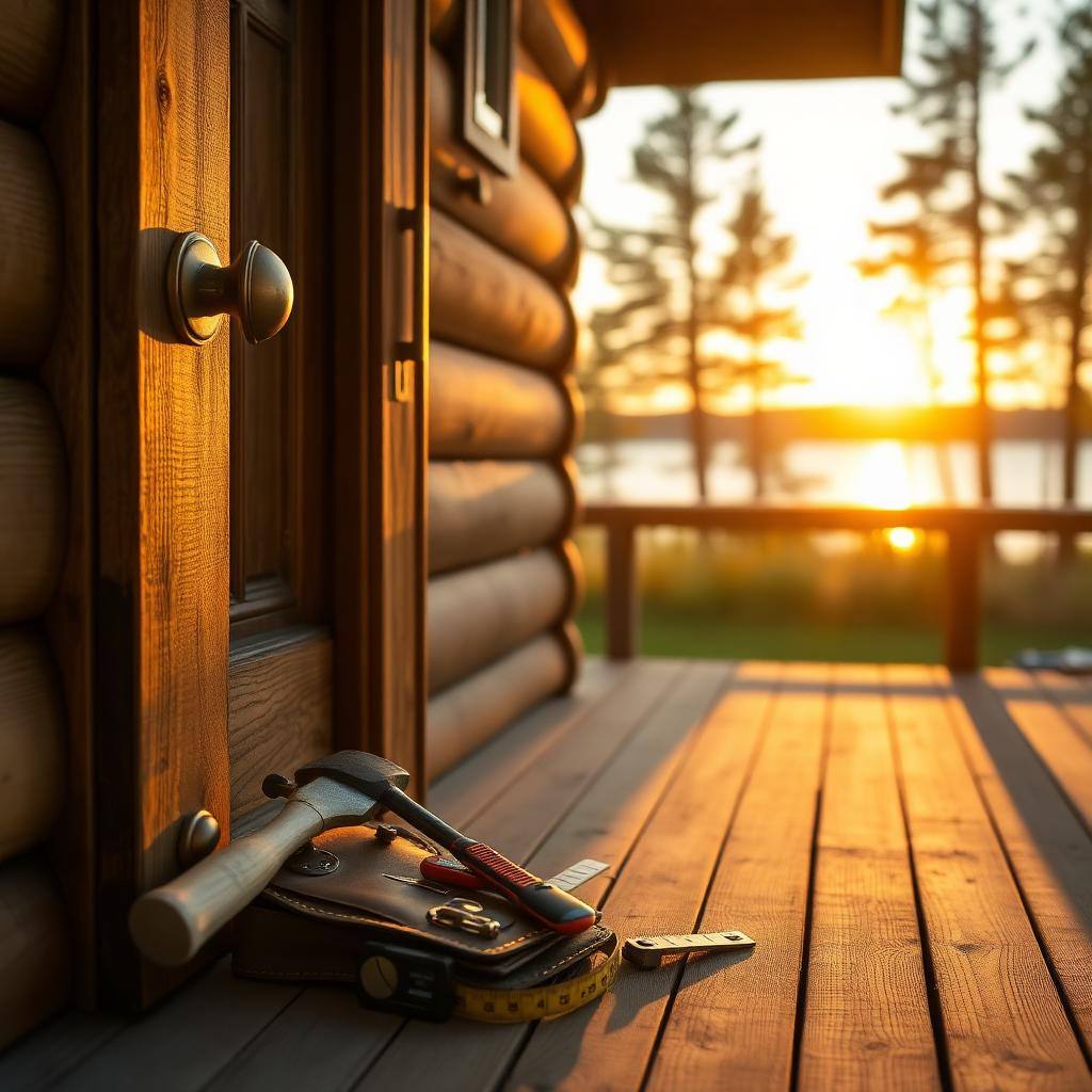 Northern Oaks handyman repairing a cottage door frame on a Muskoka porch at golden hour